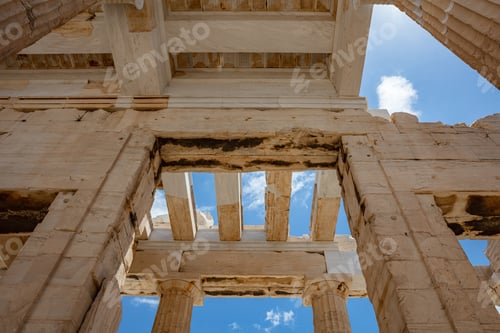 Preview: Athens, Greece. Propylaea in the Acropolis, monumental gate roof, blue cloudy sky