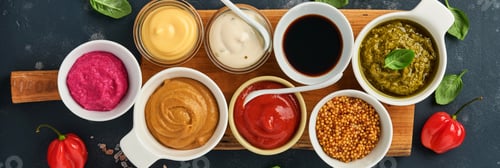 Preview: Set of sauces in bowls - ketchup, mayonnaise, mustard, soy sauce, bbq sauce, pesto, chimichurri, mus