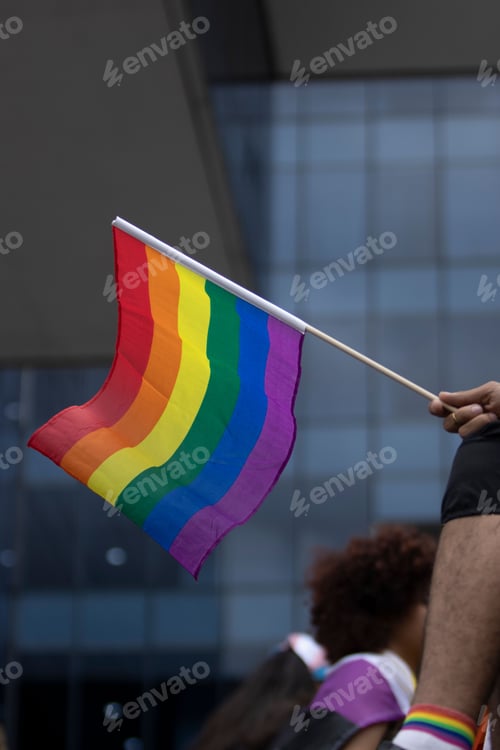 Preview: Crowd of people holding a rainbow-colored LGBTQ flag in the foreground of a large building
