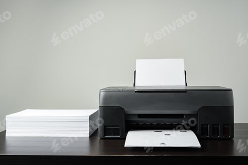 Preview: Printer with paper on gray background close up