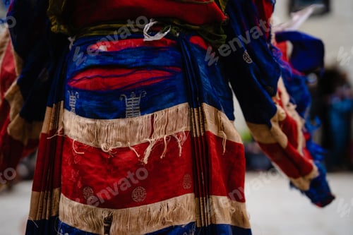 Preview: Old colorful cloth of an Ancient Tibetan Buddhist dancer at Tiji festival