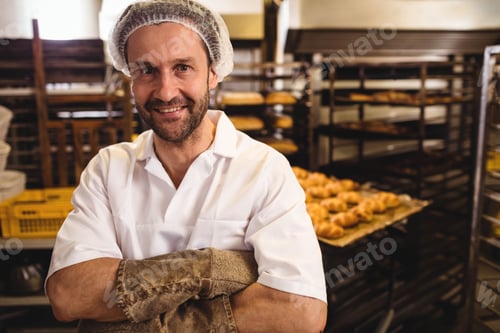 Preview: Male baker standing in bakery area wearing hairnet, leather oven gloves before metal racks of buns