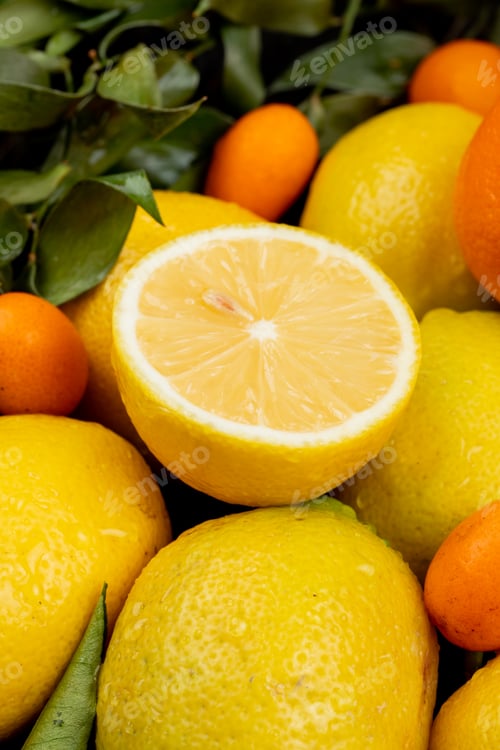 Preview: side view of fresh ripe lemons with kumquat on black background