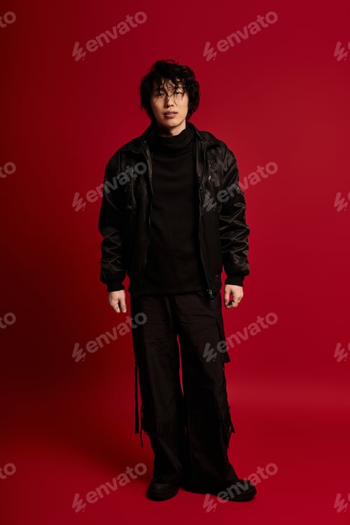 Preview: Asian model strikes a pose, embodying effortless style against crimson backdrop
