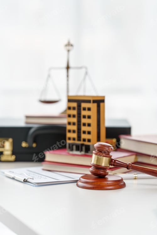 Preview: Property Lawyer desk with gavel and contract paper of attorney, nobody, no people