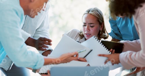 Preview: Business woman, multitasking and chaos with stress, paperwork and phone call with time management f