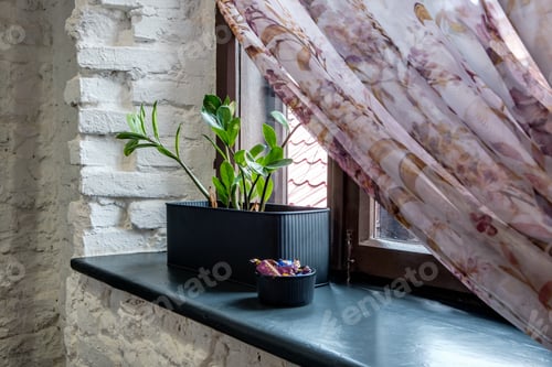 Preview: vase with flowers on windowsill in old vintage style with fruits or candles