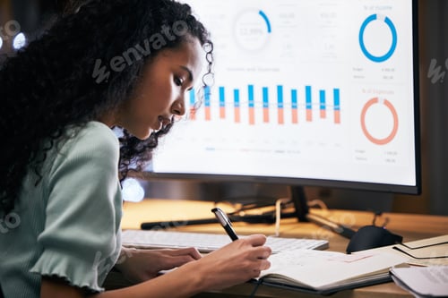 Preview: Business woman, night and computer screen, data analysis with analytics, notes and productivity at