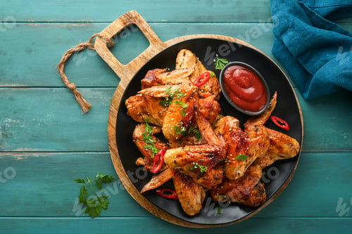 Preview: Chicken wings. Grilled or baked chicken wings with sesame seeds and ketchup or spicy tomato sauce on