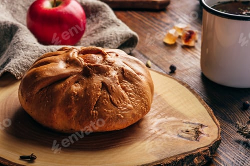Preview: Baked Pastry Pie with Apple on Wooden Board