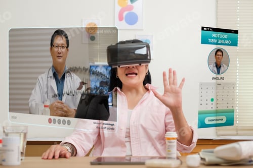 Preview: asian woman telemedicine doctor online visit with virtual reality technology vr glasses at home