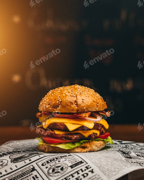Preview: Delicious burger with lettuce, cheese, cucumbers, onion and tomato on dark background CLOSE UP