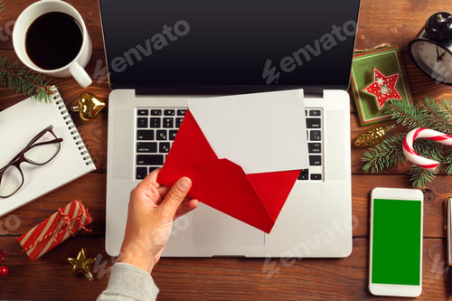 Preview: Flat lay Christmas decoration Office workplace