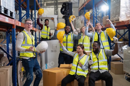 Preview: Diversity group of labor union in warehouse celebrate success after won protest salary increment