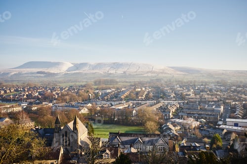 Preview: Elevated view of town, Clitheroe, Lancashire, UK