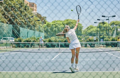 Preview: Tennis, sports and woman on outdoor court, fitness motivation and competition with athlete training