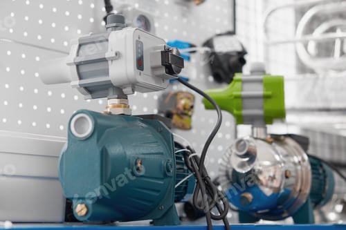 Preview: Pumping station for home water heating systems display in plumbing store