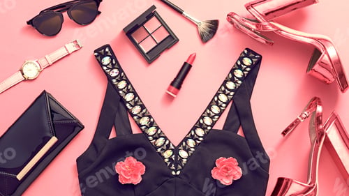 Preview: Fashion Summer Glamor Accessories minimal look. Woman clothes collection falling on purple backgroun