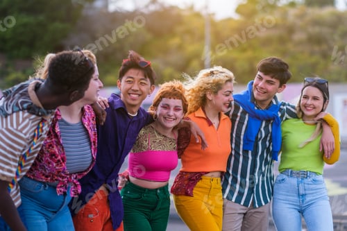 Preview: Group of young friends with makeup and colorful clothes