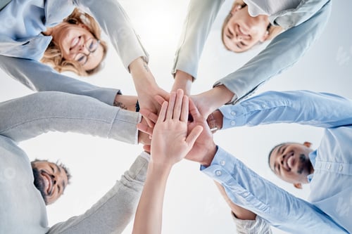 Preview: Hands together, support and teamwork people for collaboration success, staff mission and business s
