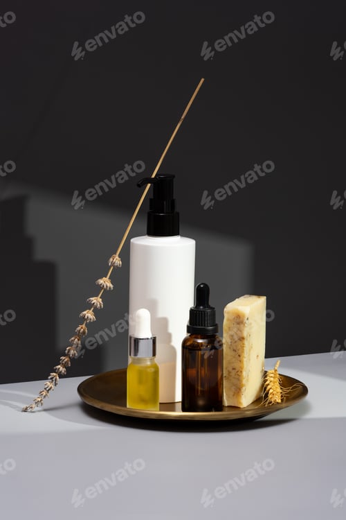Preview: Creative still life with natural cosmetics. Set of essential oils, handmade soap