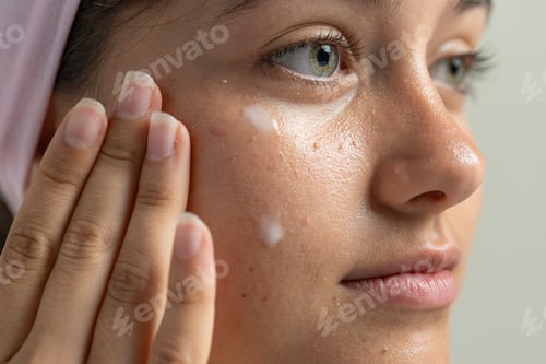 Preview: Macro of a woman's face showing skin texture while applying a luxury moisturizing cream
