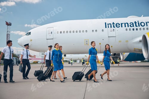 Preview: Pilots and flight attendants carrying travel bags at airport