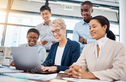 Preview: Business, webinar and laptop with people together to discuss a corporate team project pitch. Commun