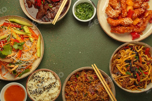 Preview: Variety of Chinese food dishes top view on table with chopsticks a frame with space for text