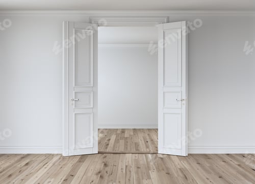 Open White Doors to a Bright, Empty Room