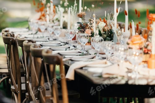 Preview: Boho wedding table for guests at bouquet after wedding ceremony and photo for marriage blog about