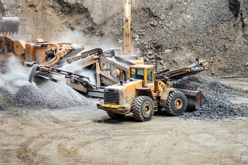 Preview: Wheel loader Industrial machinery details at quarry. Industry, construction works close up