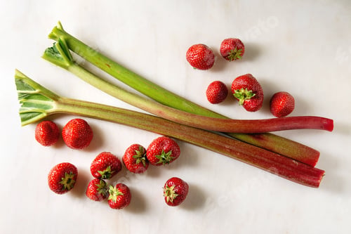 Preview: Fresh Strawberries and Rhubarb on a White Surface