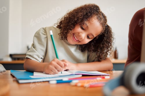 Preview: Learning, smiling and creative young girl drawing with a colorful pencil feeling happy and content.