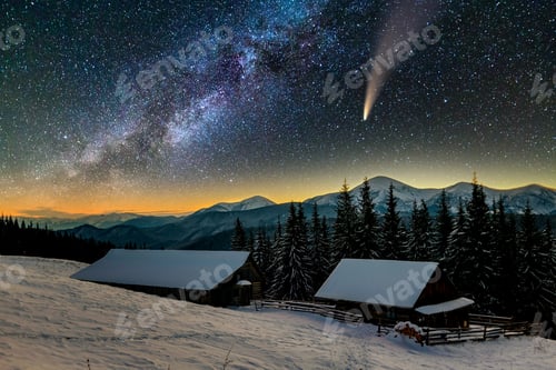 Preview: Surreal view of night in mountains with starry dark blue cloudy sky