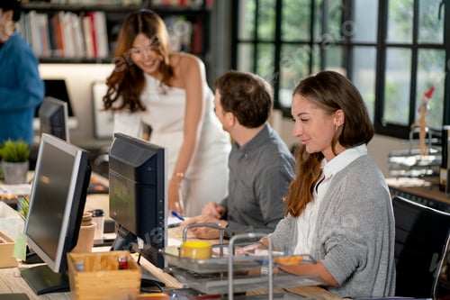 Preview: Caucasian business woman with casual cloth use computer for working