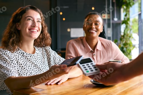 Preview: Woman In Coffee Shop Paying Bill With Contactless Mobile Phone Payment