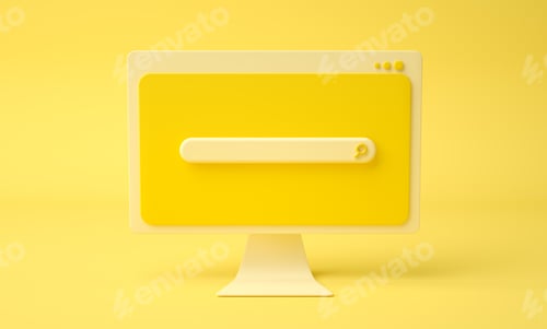 Preview: Search bar webpage on cartoon computer screen, yellow background. 3d render