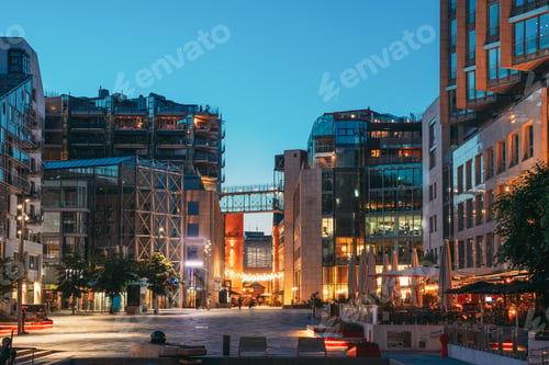 Preview: Oslo, Norway. Night View Embankment And Residential Multi-storey Houses In Aker Brygge District