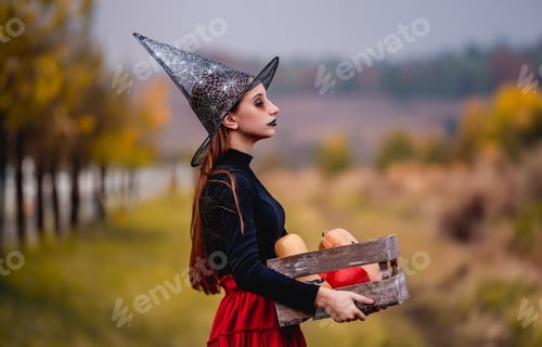 Preview: Gothic young girl holding pumpkins box