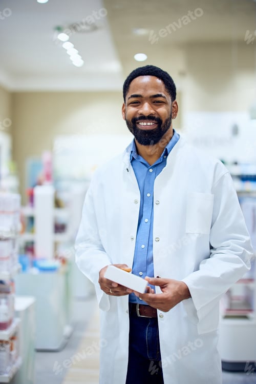 Preview: Smiling Pharmacist Holding Medicine in a Bright Modern Pharmacy