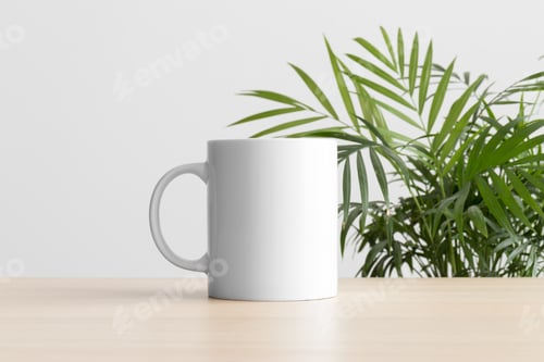 Preview: White mug mockup on the wooden table with a palm plant.