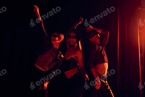 Preview: Smiling group of homosexual friends in stylish clothes and sunglasses posing during party and lgbt