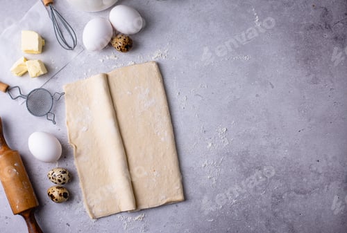 Preview: Raw puff pastry dough with baking ingredient