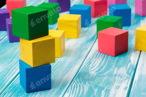 Preview: toy blocks heap, multicolor wooden bricks stack