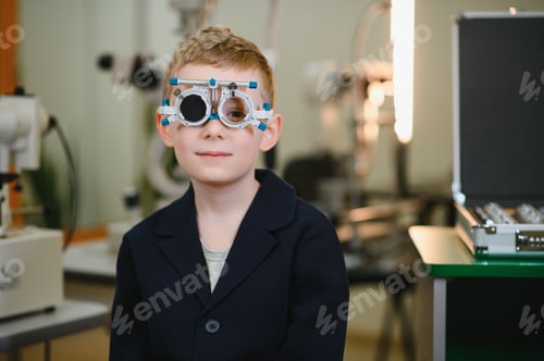 Preview: Child patient undergoing vision diagnostics with trial frame in ophthalmology clinic