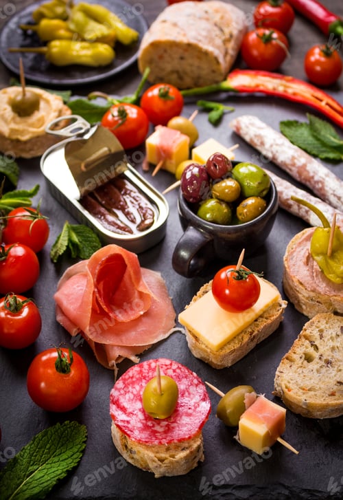 Preview: Spanish tapas on a black stone