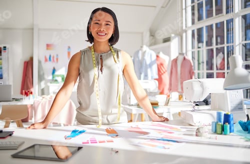 Preview: Portrait, fashion and designer with paper, drawing or sketch while planning style, tailor and textu