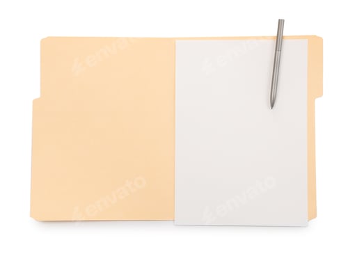 Preview: Open paper file folder with blank sheet and pen isolated on white, top view