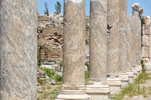 Preview: Archeological landmark of Aphrodisias. Amphitheatre columns. Hellenistic roman art. Turkey